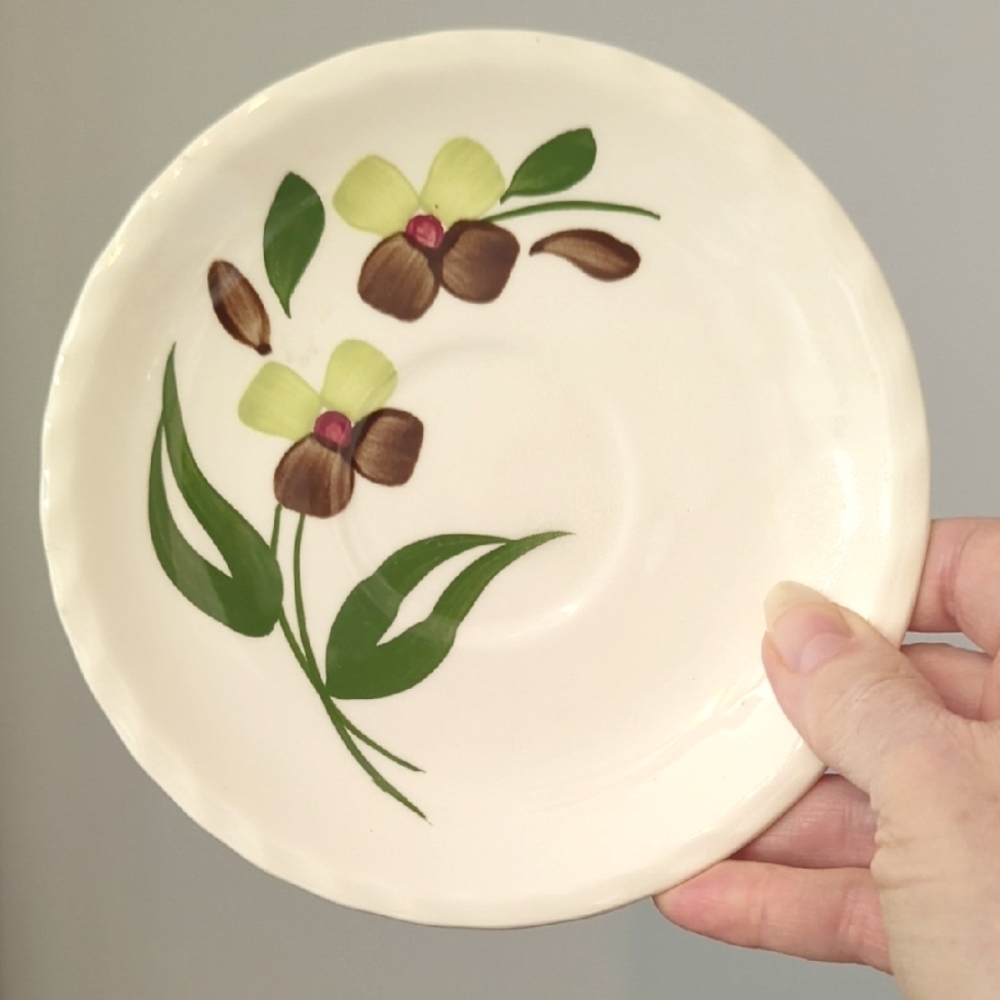 Blue Ridge Southern Pottery Spray Saucer Green Brown Flowers Piecrust Edge
